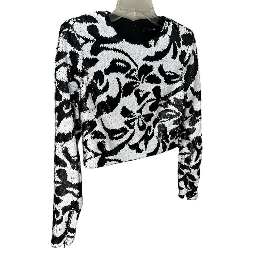 Toccin Anaya Black White Optic Sequin Crop Top XS Longsleeve